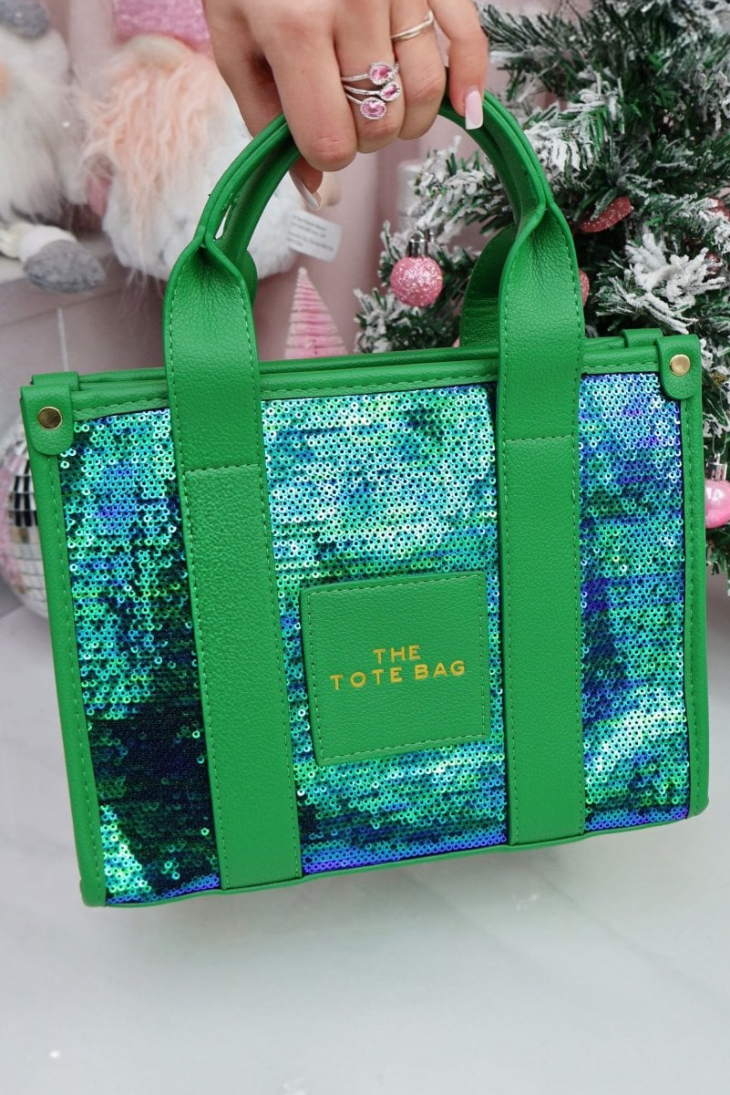 Glitter Twinkle Medium Tote Bag Peacock Green finished with medium Size