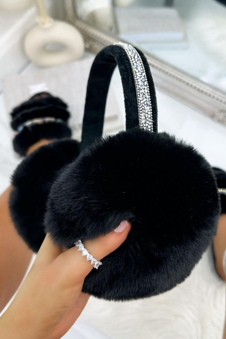 Sparkly Crystal Fluffy Faux Fur Ear Muffs Black featuring available in Black, White, Pink, Grey, Cream and Baby Pink