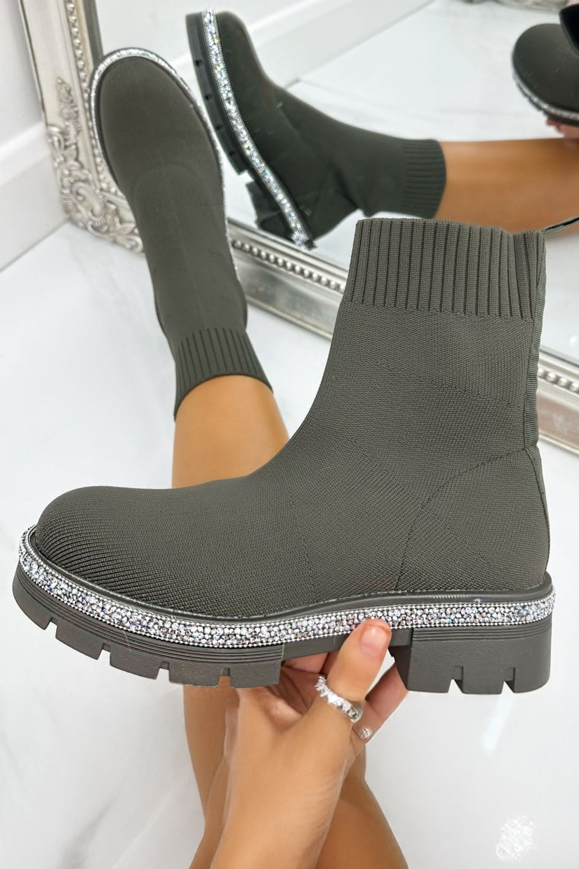 Sparkly Stretch Chunky Sock Ankle Boots Khaki with crystal Trim