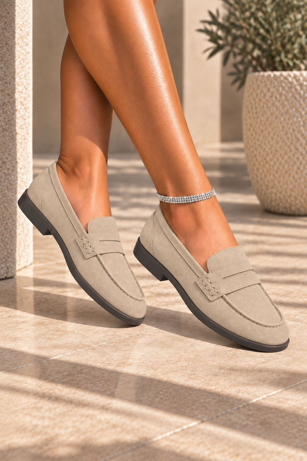 A pair of light taupe suede penny loafers worn on a model&