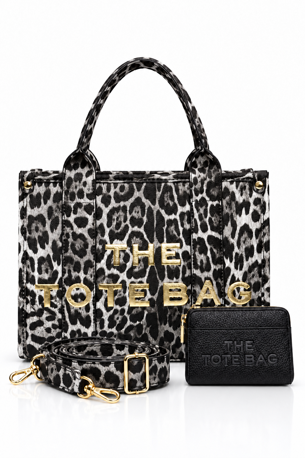 Grey and black leopard print tote bag bundle featuring a matching adjustable shoulder strap with gold-tone hardware and a black mini purse with embossed “THE TOTE BAG” branding.