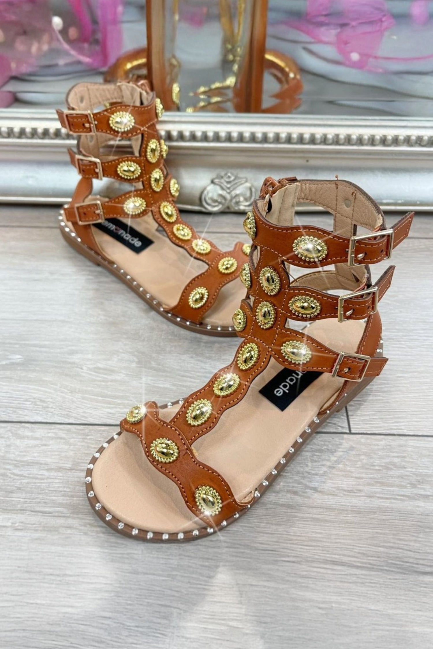 Little Lemmy Crystal Athena Sandals Tan finished with buckle Fastenings