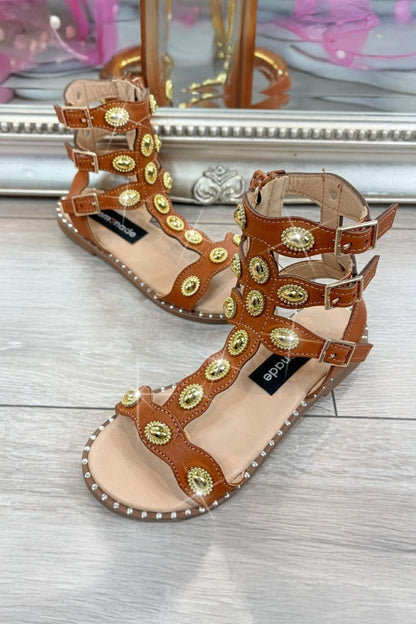 Little Lemmy Crystal Athena Sandals Tan finished with buckle Fastenings