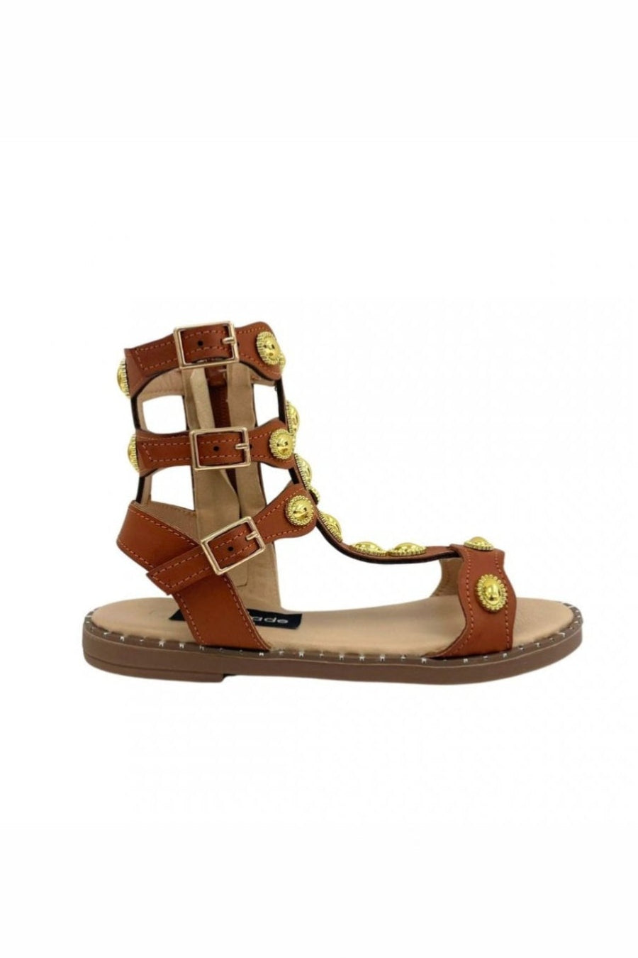 Brown sandal with gold accents on a white background