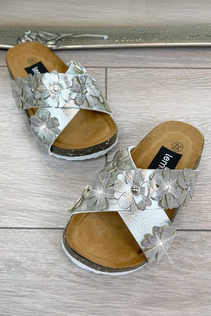 Little Lemmy Crystal Blossom Sandals Silver with slip On Slider Design