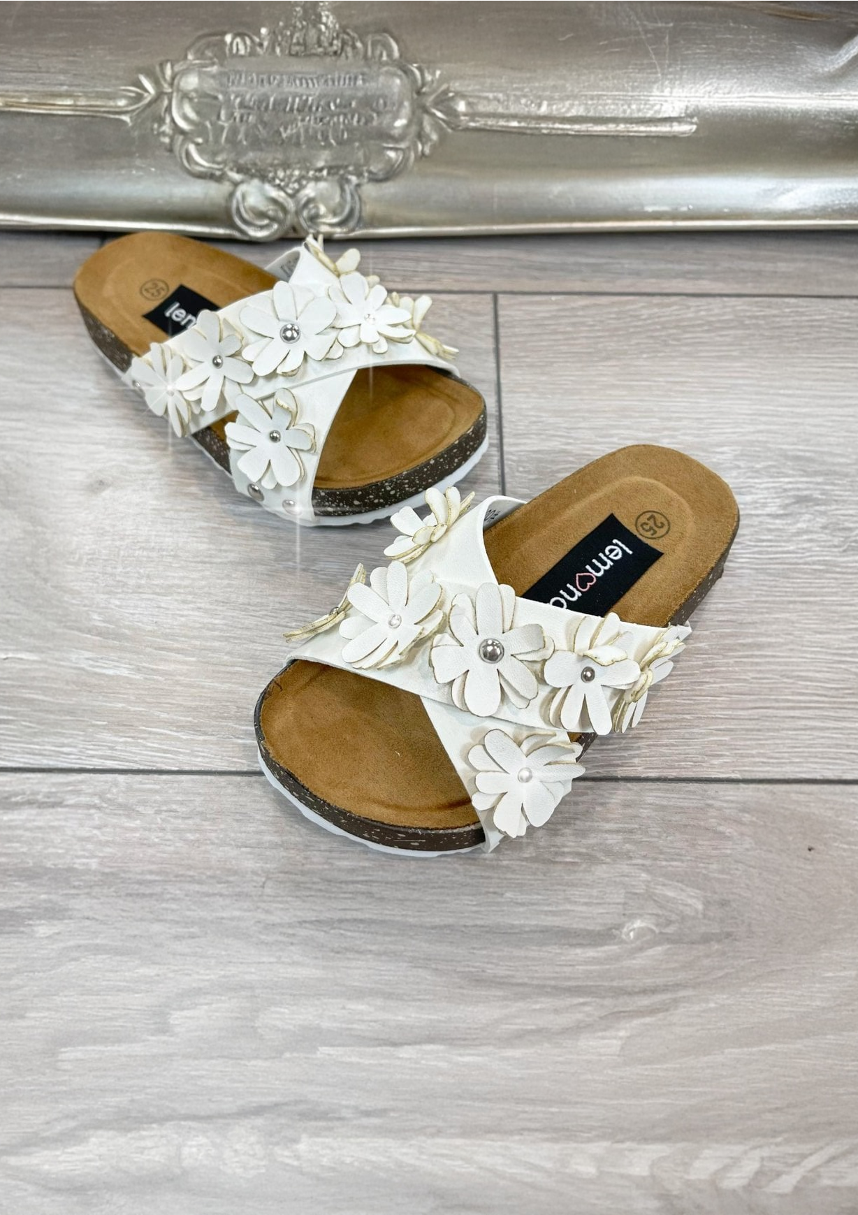 Little Lemmy Crystal Blossom Sandals White finished with slip On Slider Design