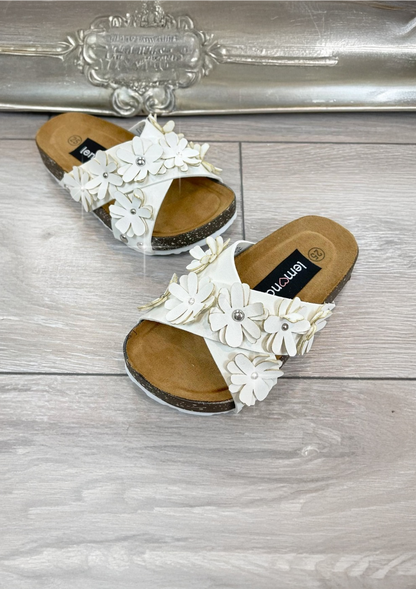 Little Lemmy Crystal Blossom Sandals White finished with slip On Slider Design