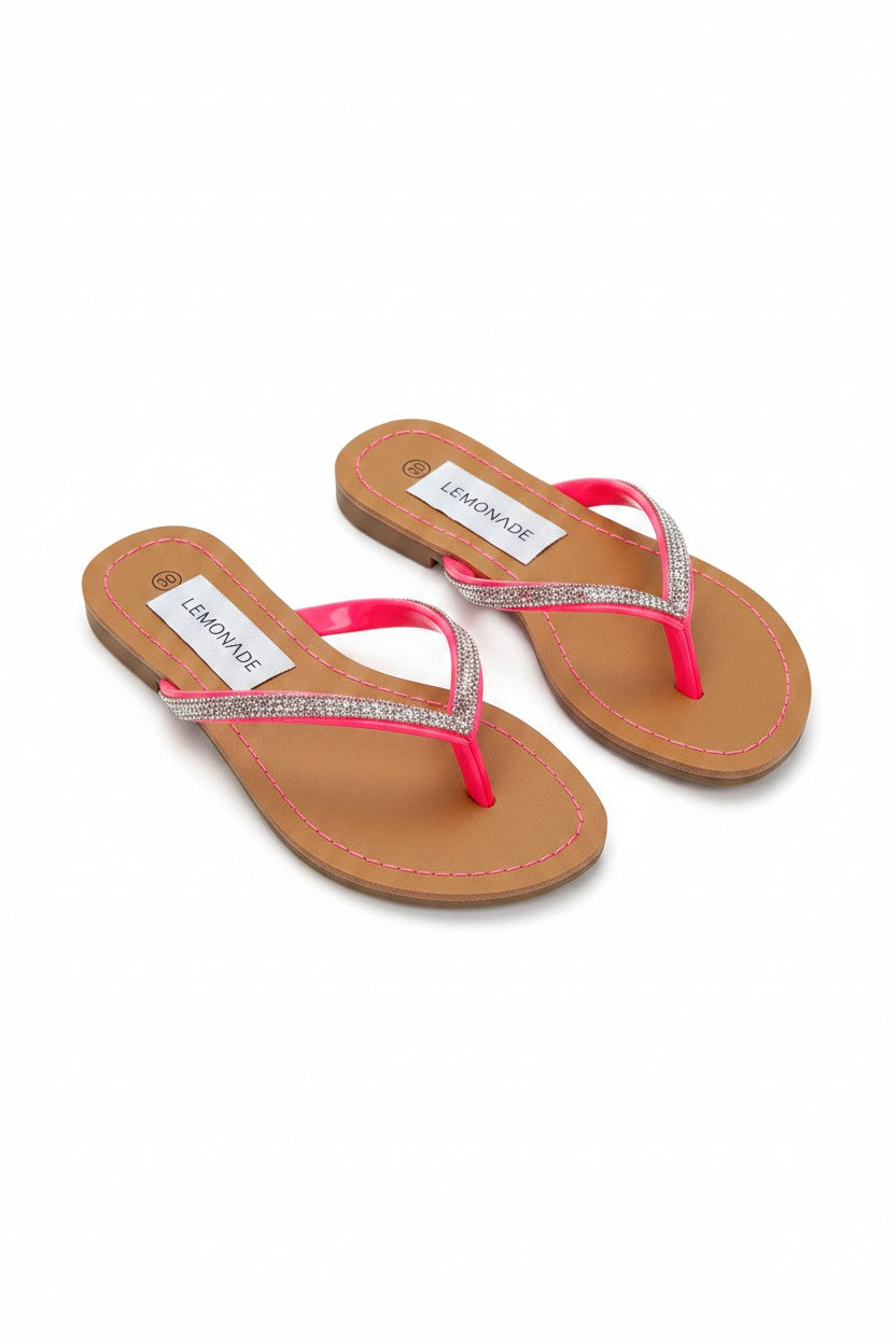 Little Lemmy Crystal Sparkle Flip Flops Neon Pink