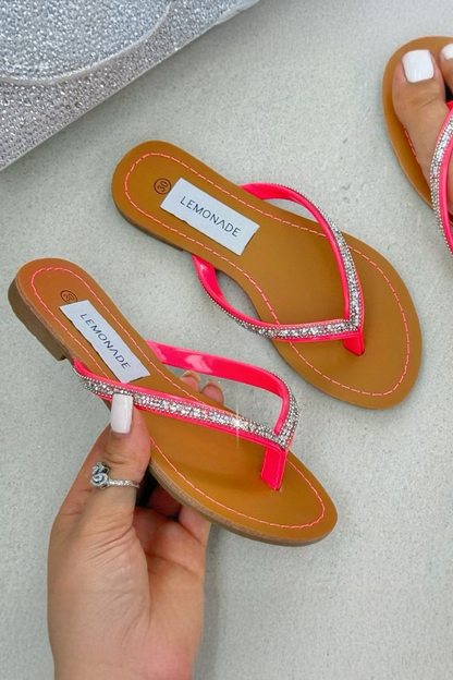 Little Lemmy Crystal Sparkle Flip Flops Neon Pink finished with crystal sparkle strap detailing for a fun, shimmering finish