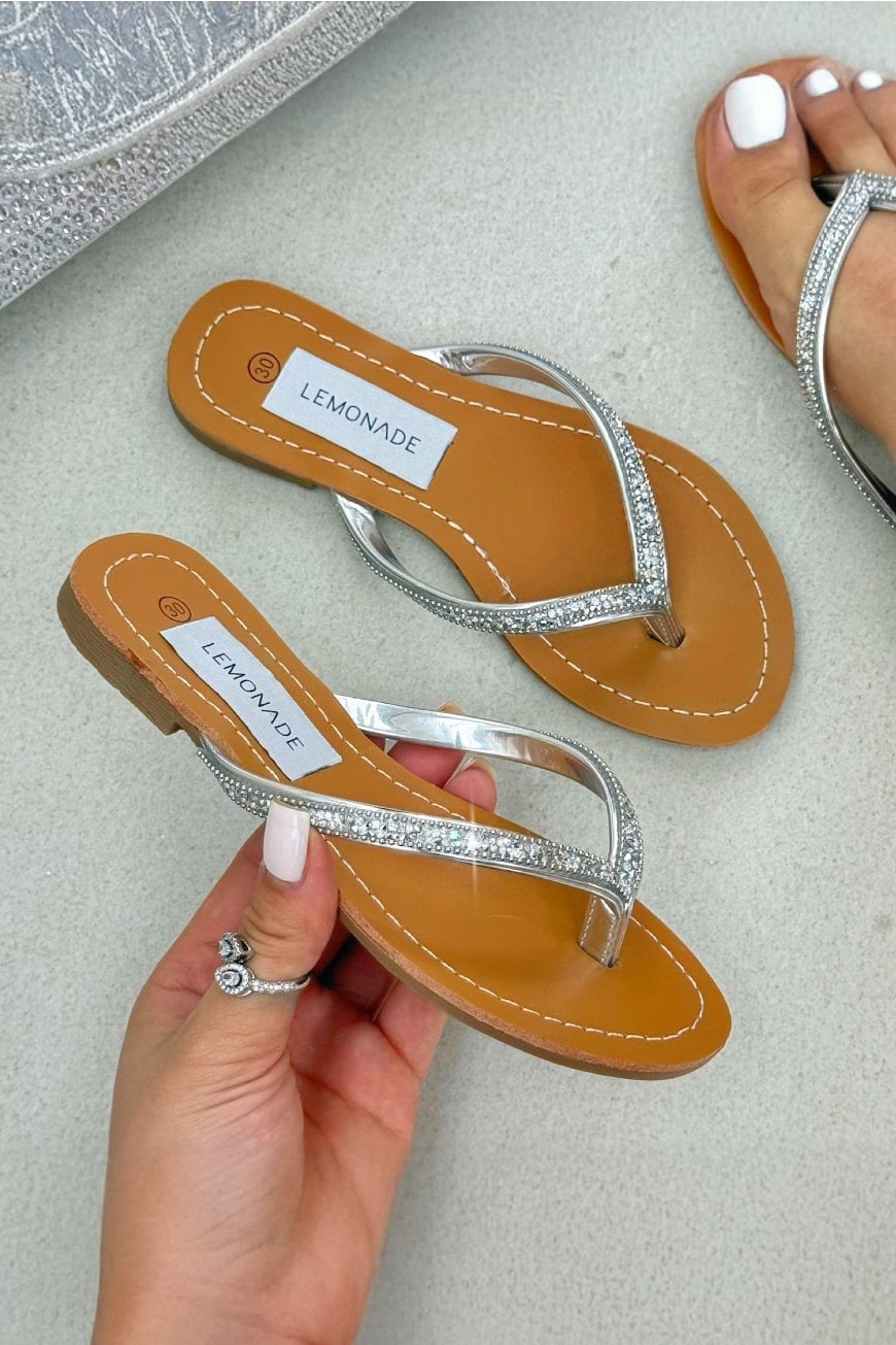 Little Lemmy Crystal Sparkle Flip Flops Silver featuring crystal sparkle strap detailing for a fun, shimmering finish