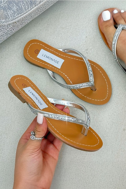 Little Lemmy Crystal Sparkle Flip Flops Silver featuring crystal sparkle strap detailing for a fun, shimmering finish