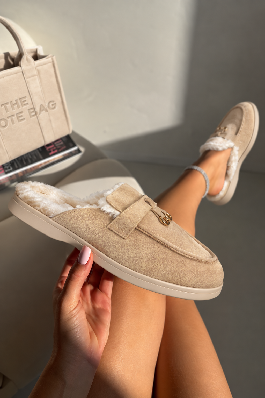 Velvet Crush Faux Fur Lined Slip-On Clog Mules Nude