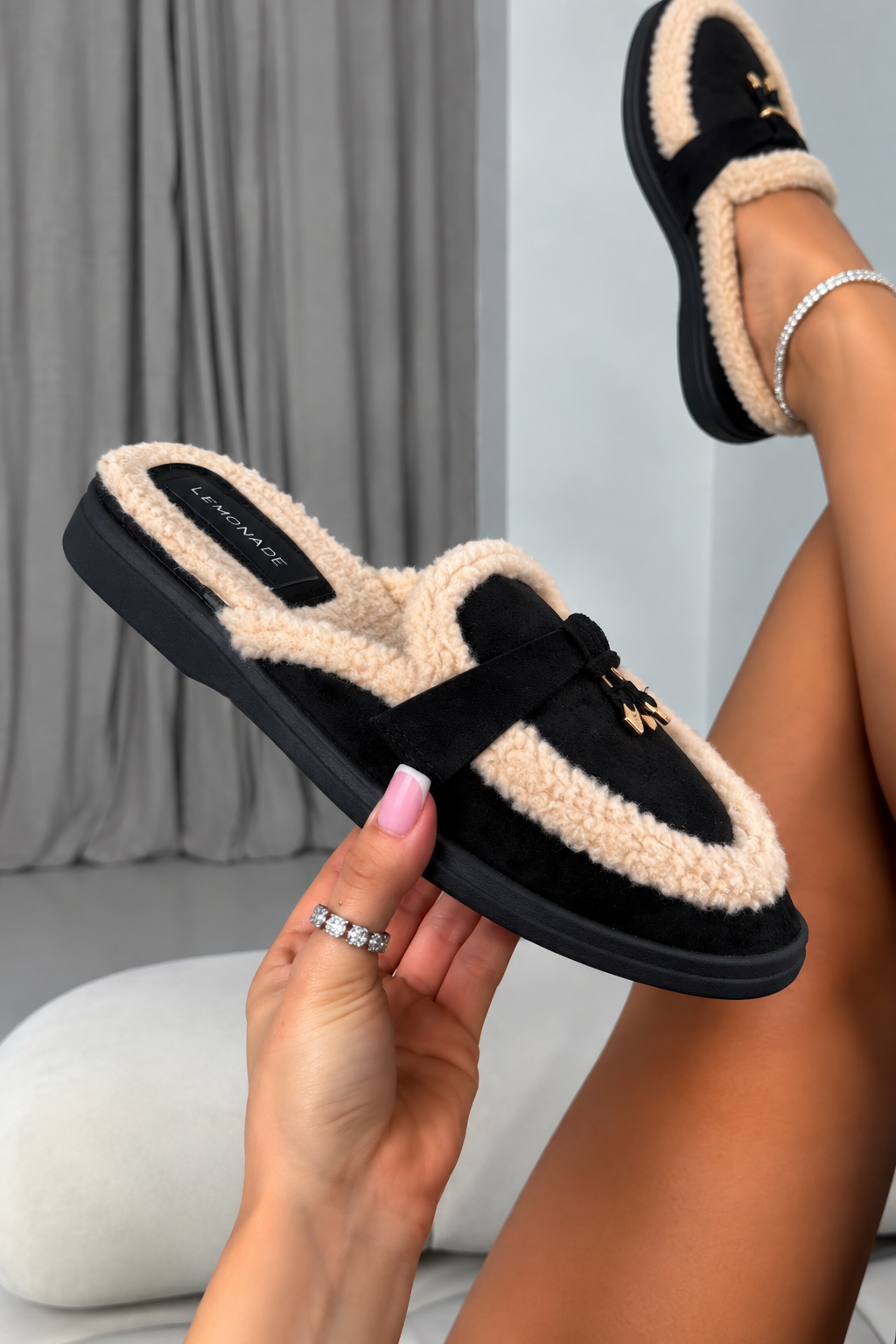 Velvet Crush Teddy Trim Slip On Clog Mules Black