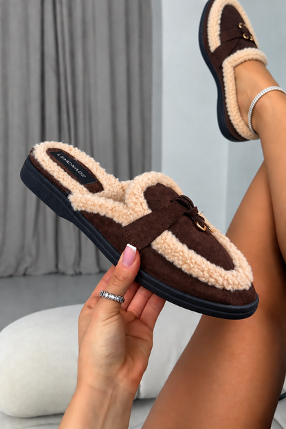 Velvet Crush Teddy Trim Slip On Clog Mules Brown