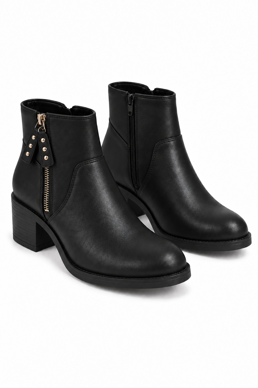 Blake Luxe Faux Leather Studded Side Zip Block Heel Ankle Boots Black