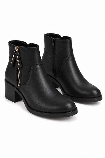 Blake Luxe Faux Leather Studded Side Zip Block Heel Ankle Boots Black