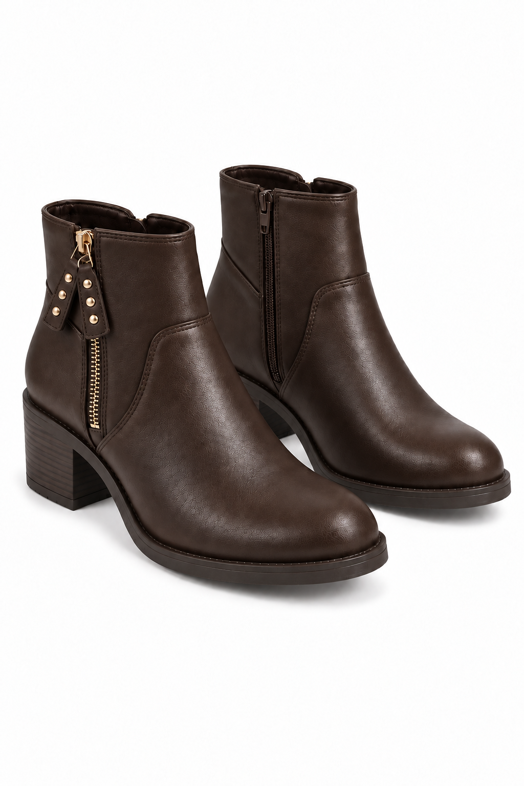 Blake Luxe Faux Leather Studded Side Zip Block Heel Ankle Boots Brown