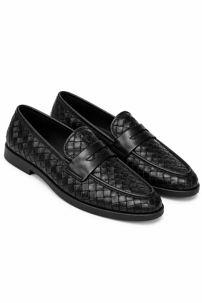 Marlow Luxe Woven Leather Look Flat Loafers Black