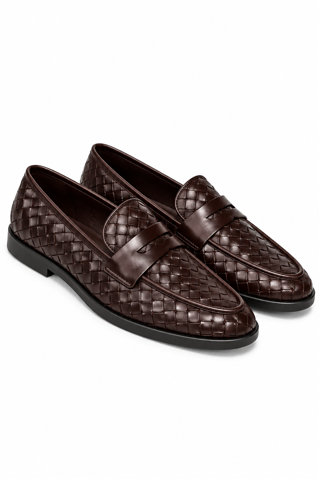 Marlow Luxe Woven Leather Look Flat Loafers Coffee Brown