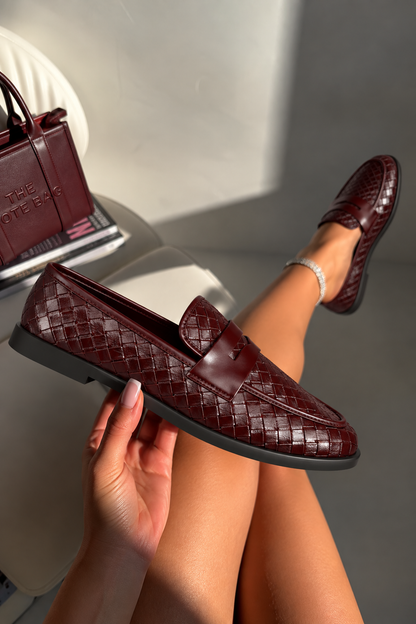 Marlow Luxe Woven Leather Look Flat Loafers Burgundy