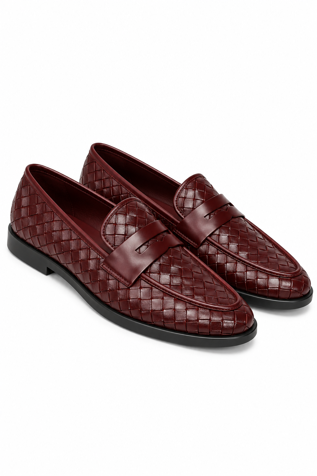 Marlow Luxe Woven Leather Look Flat Loafers Burgundy