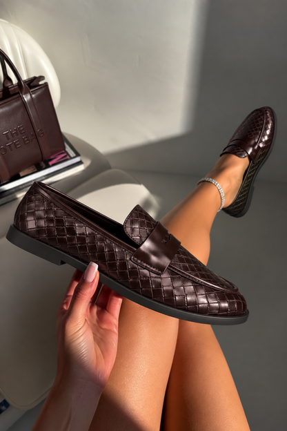 Marlow Luxe Woven Leather Look Flat Loafers Coffee Brown