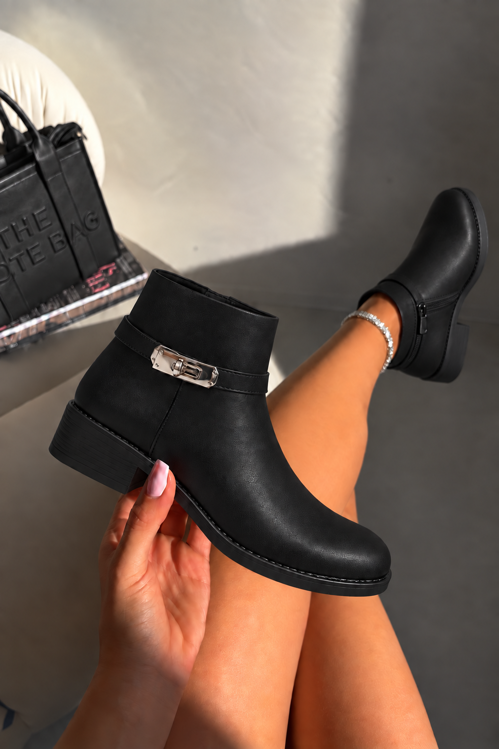 Mayfair Luxe Iconic Buckle Low Heel Zip Up Faux Leather Ankle Boots Black