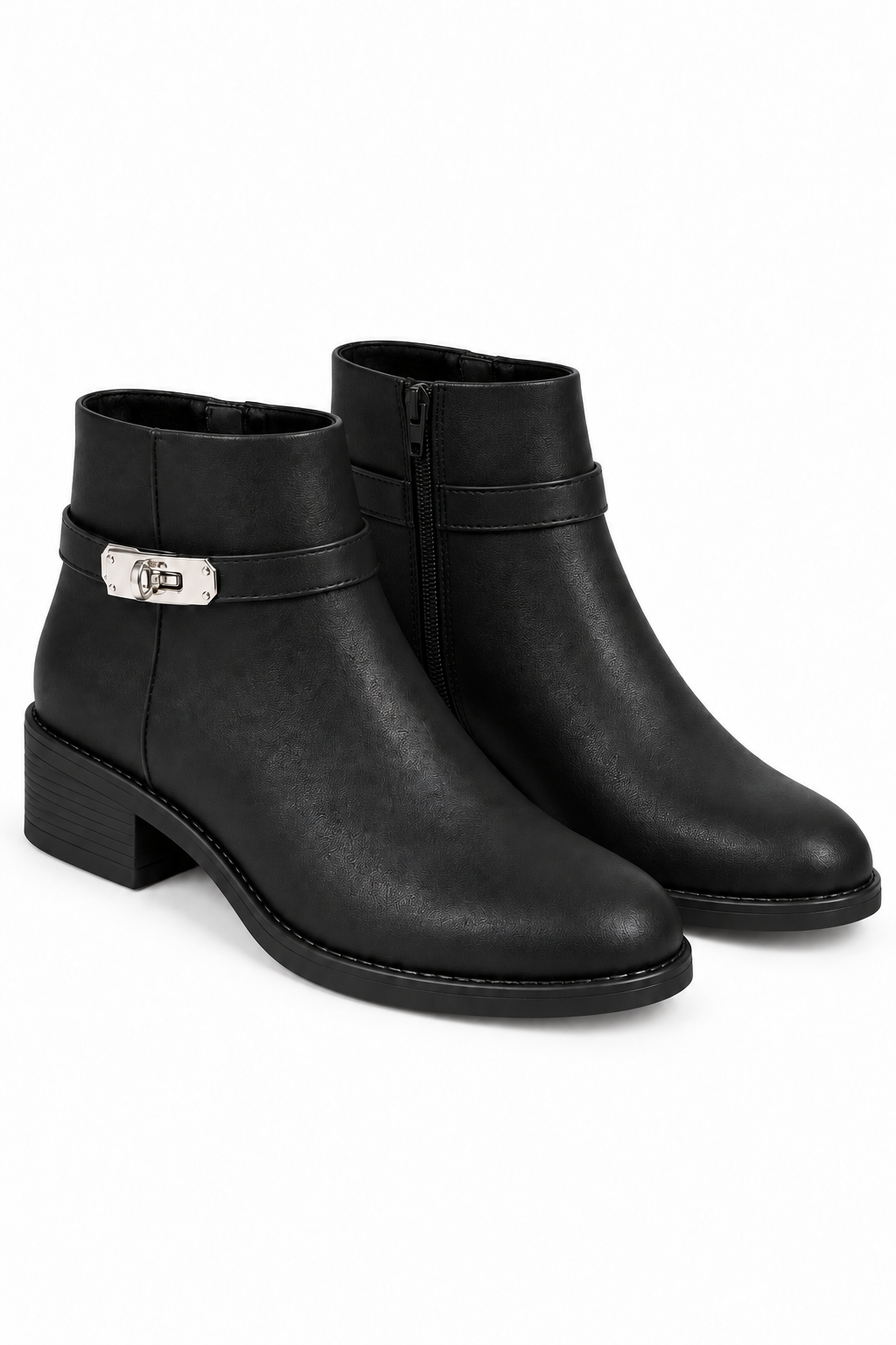 Mayfair Luxe Iconic Buckle Low Heel Zip Up Faux Leather Ankle Boots Black