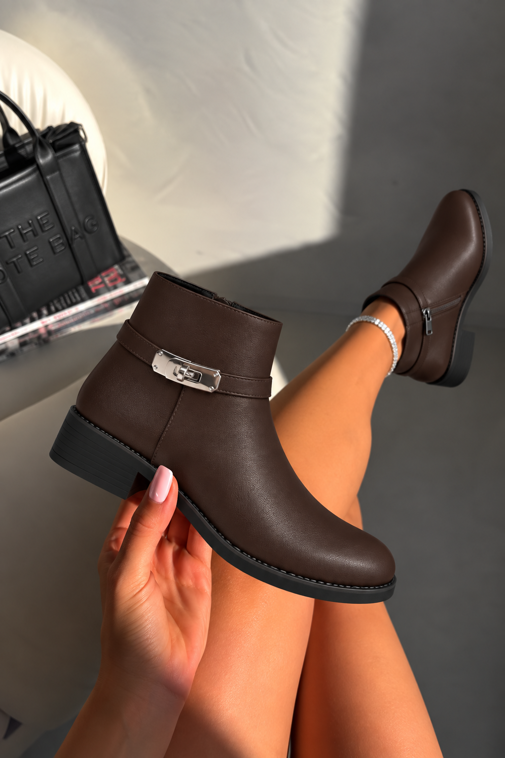 Mayfair Luxe Iconic Buckle Low Heel Zip Up Faux Leather Ankle Boots Brown