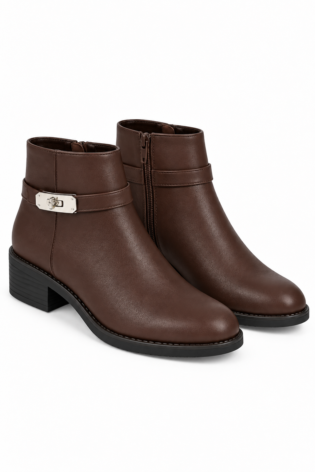 Mayfair Luxe Iconic Buckle Low Heel Zip Up Faux Leather Ankle Boots Brown