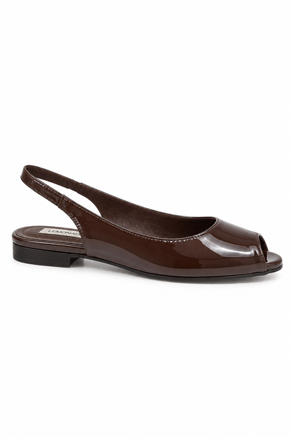 Brown patent flat shoe open toed