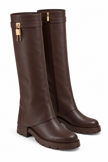 Portia Luxe Gold Padlock Leather Look Chunky Foldover Zip Up Knee High Boots Brown