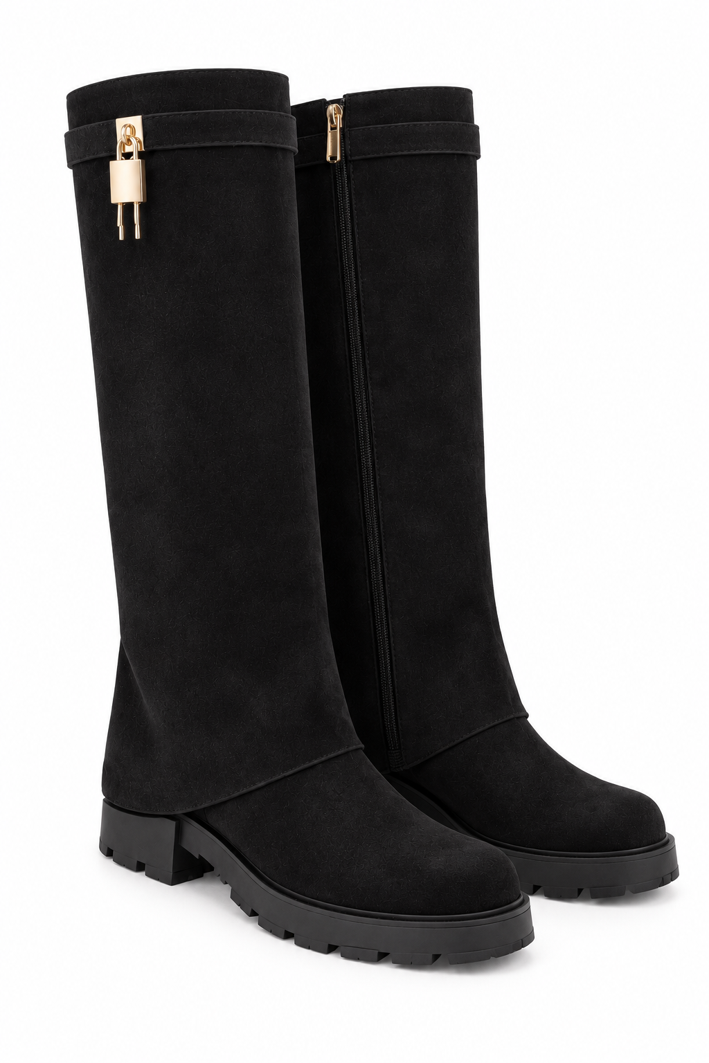 Portia Luxe Gold Padlock Faux Suede Chunky Foldover Zip Up Knee High Boots Black