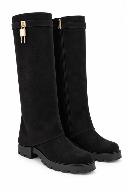 Portia Luxe Gold Padlock Faux Suede Chunky Foldover Zip Up Knee High Boots Black