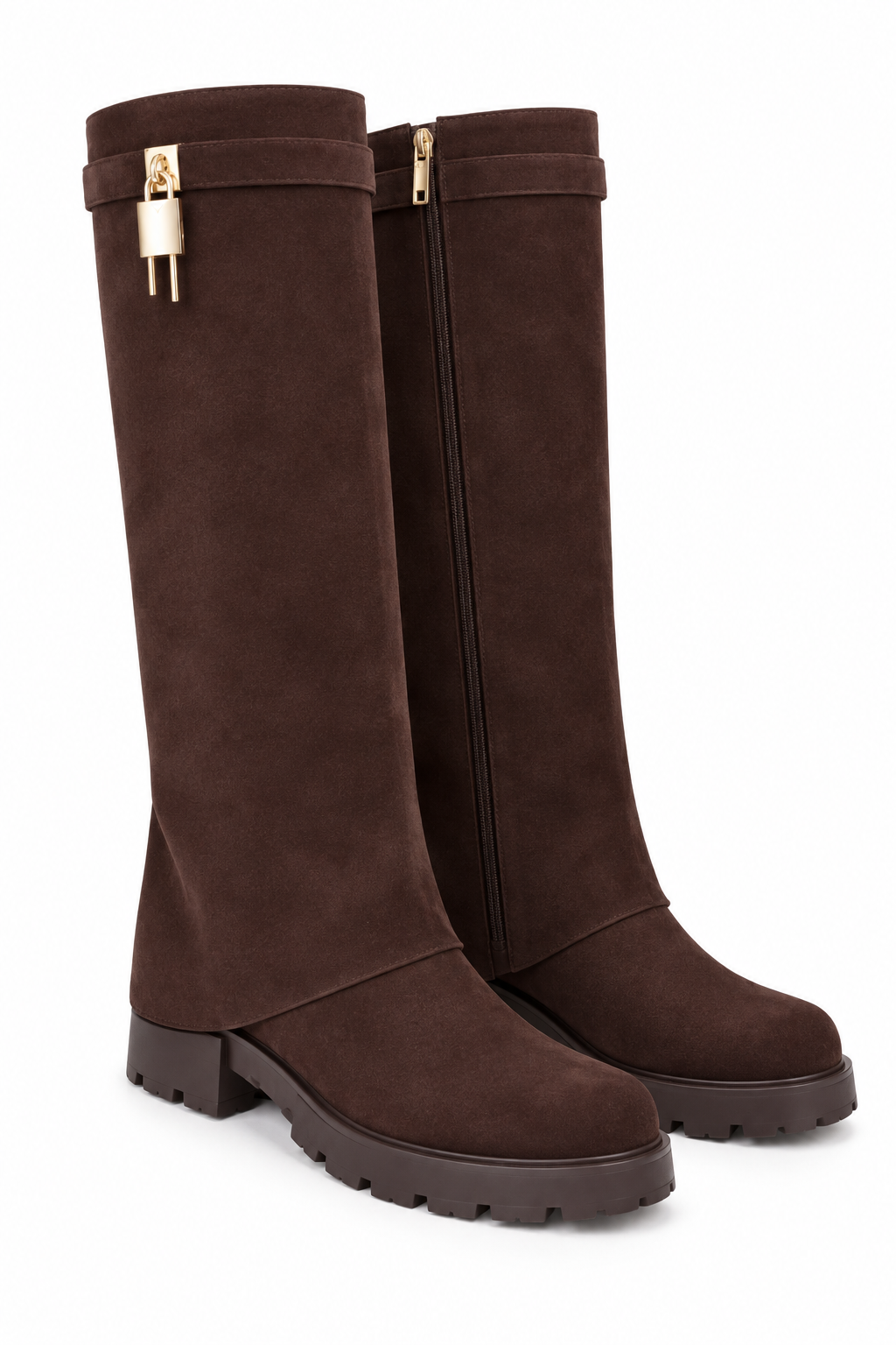 Portia Luxe Gold Padlock Faux Suede Chunky Foldover Zip Up Knee High Boots Brown