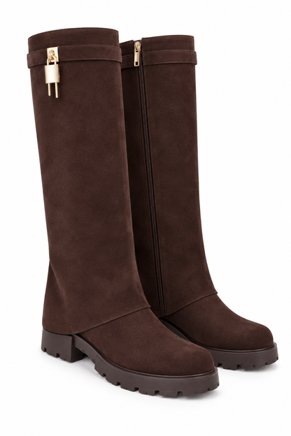 Portia Luxe Gold Padlock Faux Suede Chunky Foldover Zip Up Knee High Boots Brown