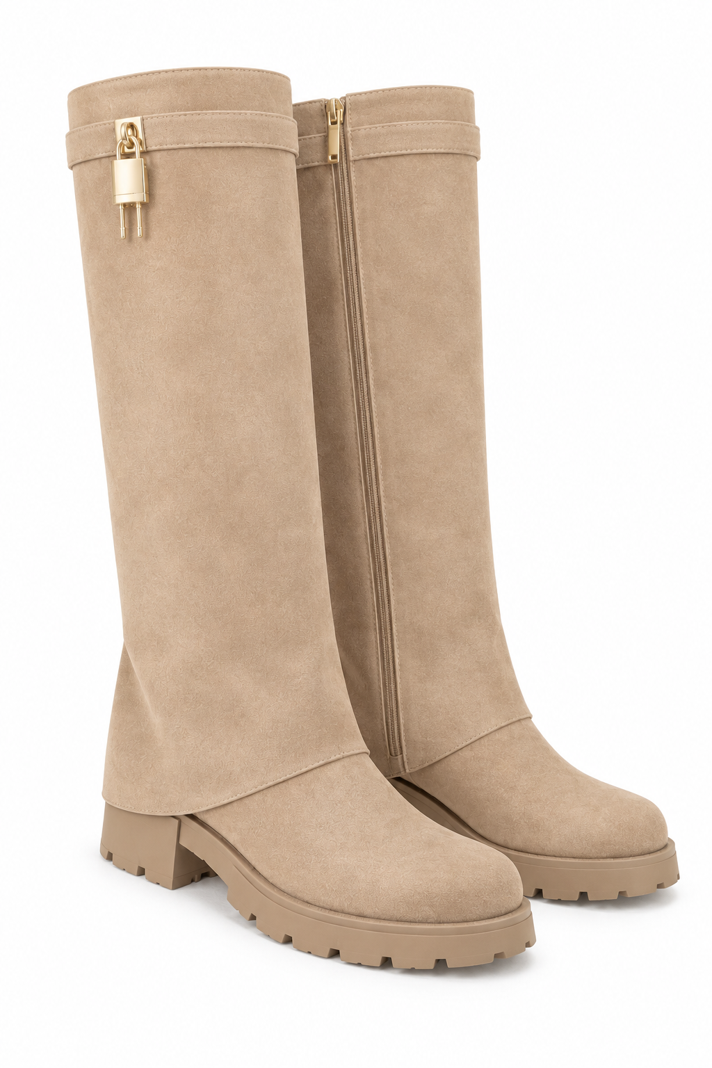 Portia Luxe Gold Padlock Faux Suede Chunky Foldover Zip Up Knee High Boots Nude