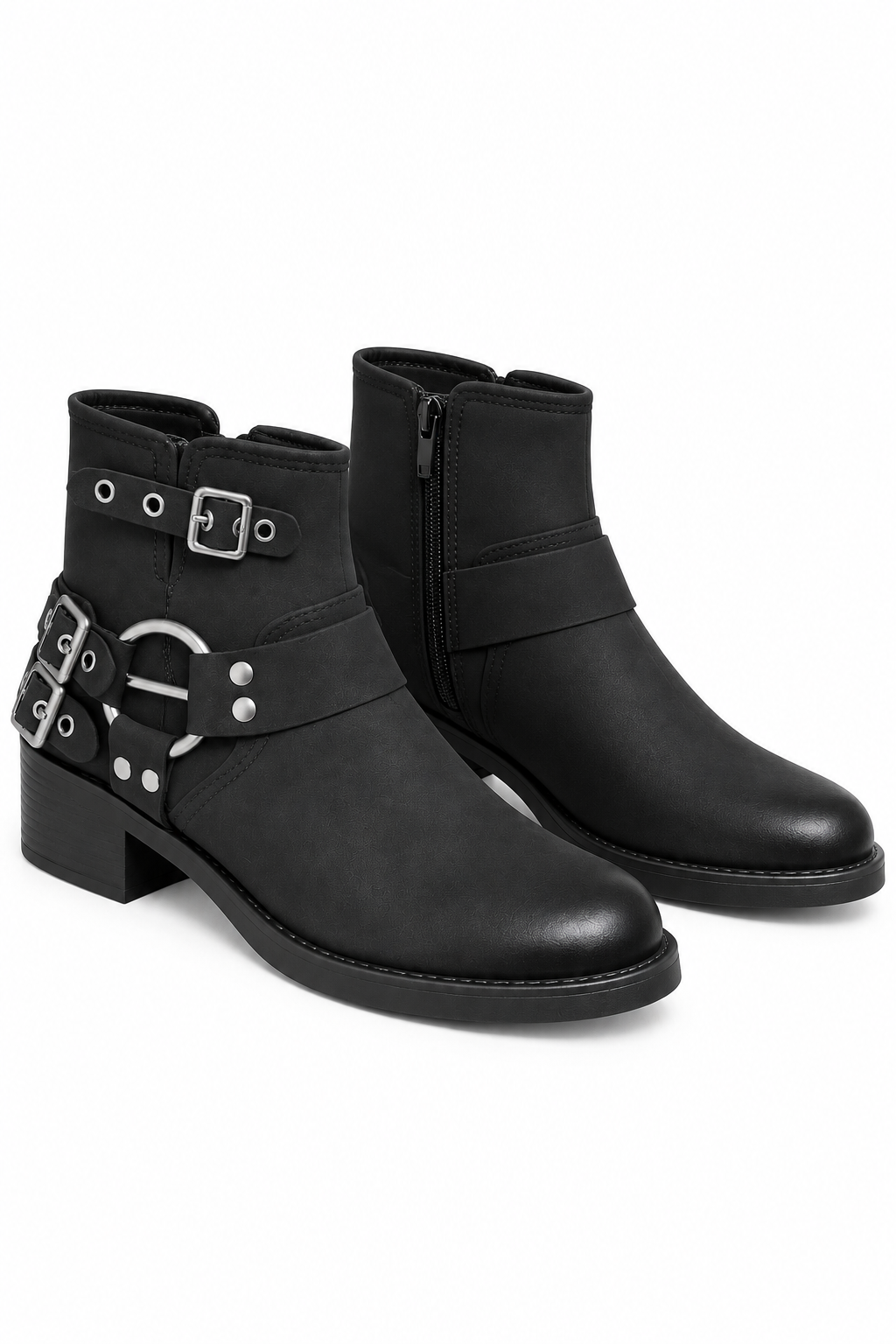 Ryder Luxe Harness Buckle Biker Low Heel Zip Up Faux Leather Ankle Boots Black