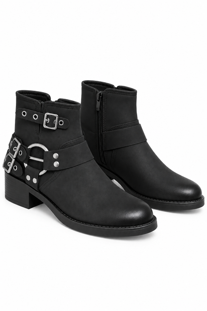 Ryder Luxe Harness Buckle Biker Low Heel Zip Up Faux Leather Ankle Boots Black