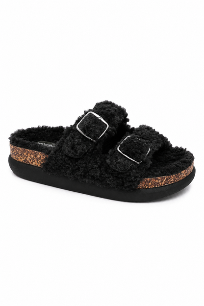 Luxe Comfort Teddy Double Buckle Sliders Black