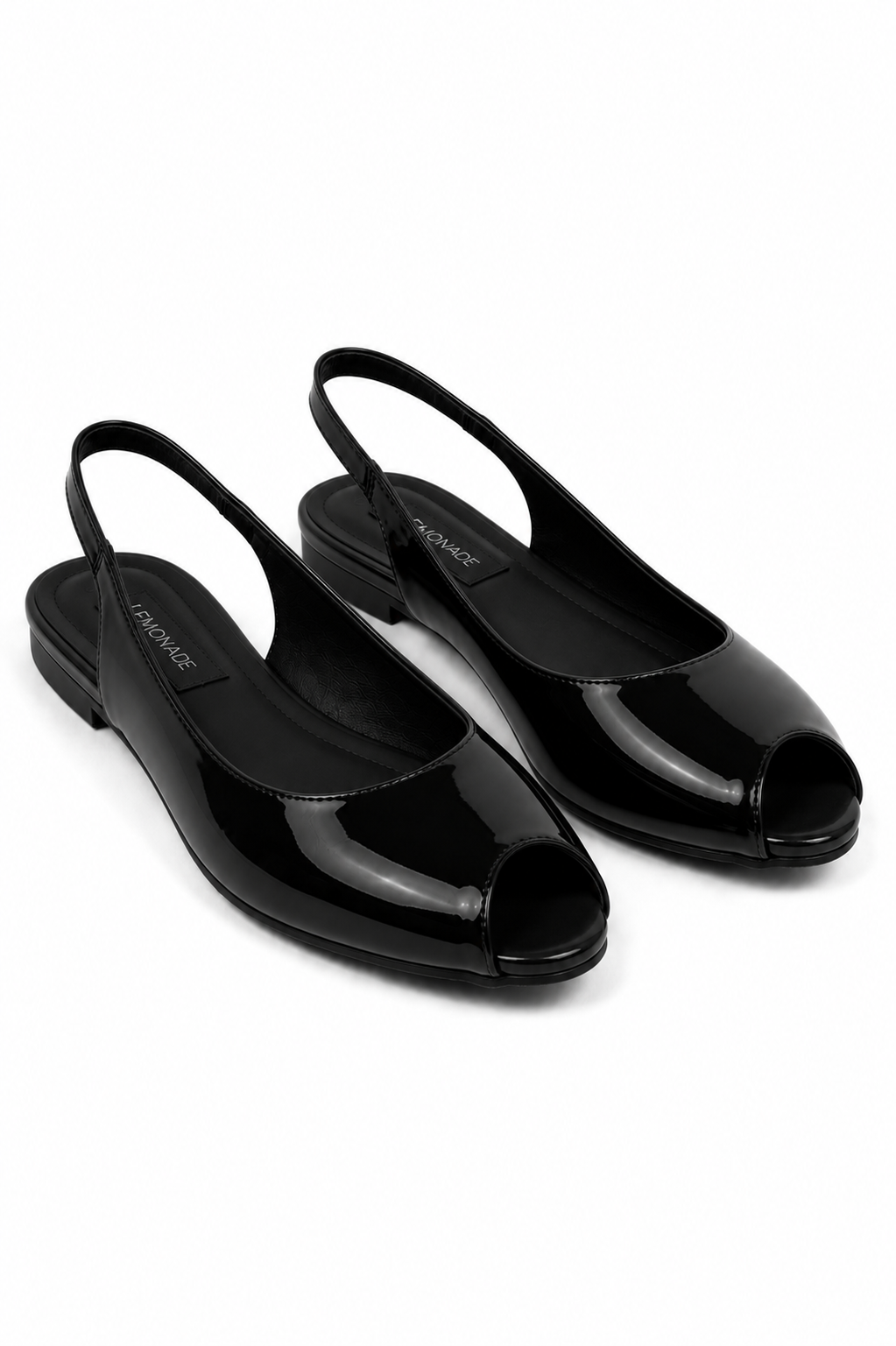 Luxe Pointed Open-Toe Slingback Patent Flats Black