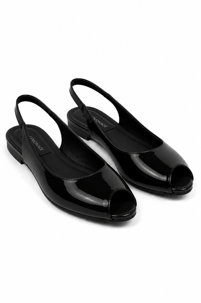 Luxe Pointed Open-Toe Slingback Patent Flats Black