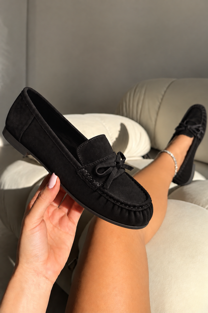 Sorelle Faux Suede Bow Trim Slip-On Loafers Black