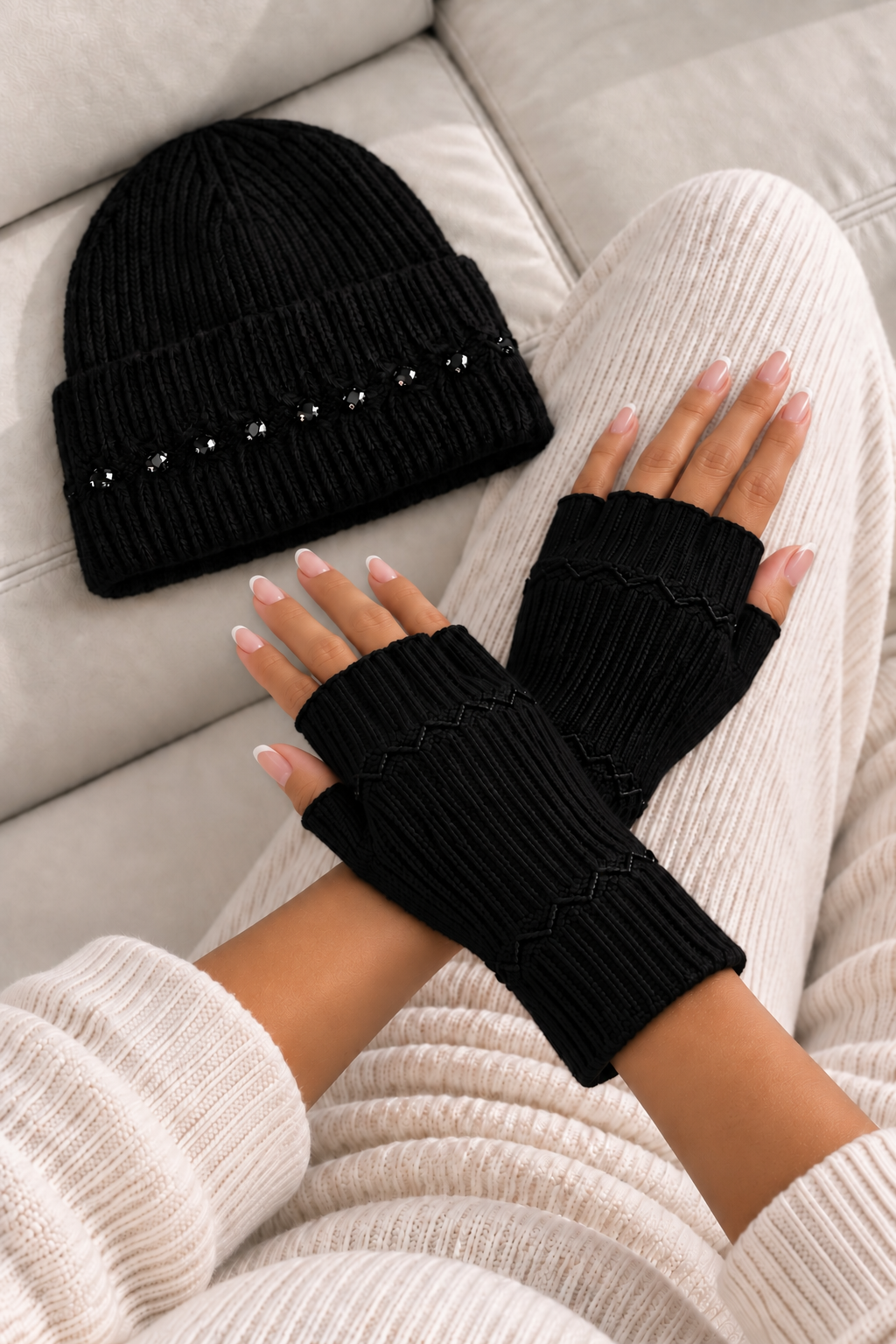 Marnie Wool Blend Sparkly Beanie &amp; Gloves Set Black