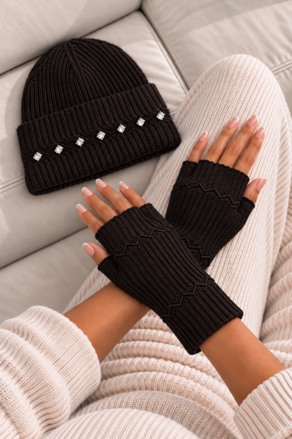 Marnie Wool Blend Sparkly Beanie &amp; Gloves Set Dark Brown