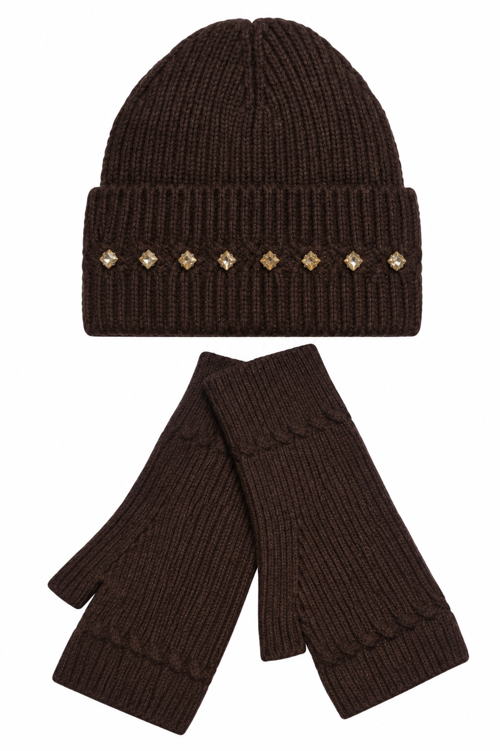 A dark navy blue ribbed knit beanie with small decorative star embellishments around the folded cuff, shown above a matching pair of fingerless knit gloves on a plain white background.