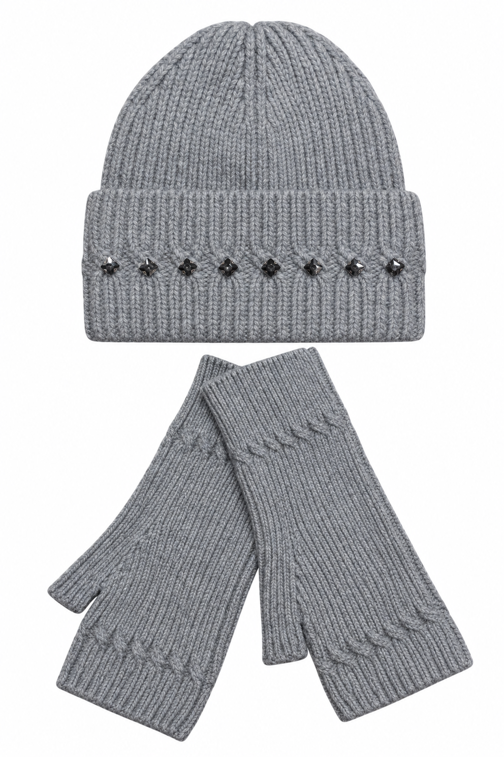 A gray ribbed knit beanie with a folded cuff decorated with small black star-shaped studs, shown above a matching pair of gray fingerless knit gloves on a white background.