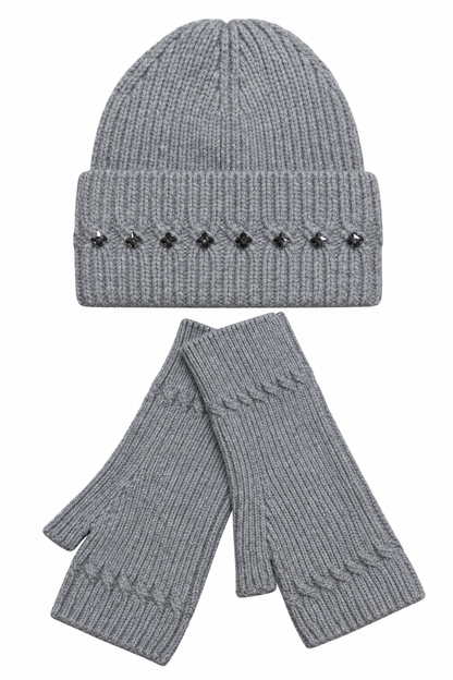 A gray ribbed knit beanie with a folded cuff decorated with small black star-shaped studs, shown above a matching pair of gray fingerless knit gloves on a white background.
