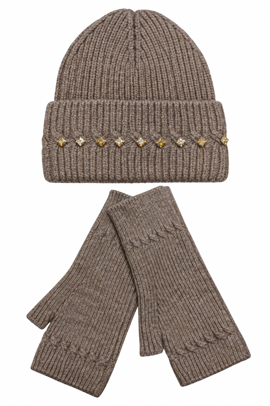 A brown ribbed knit beanie with a folded cuff decorated with small gold and white rhinestone star embellishments, shown with matching fingerless knit gloves on a white background.