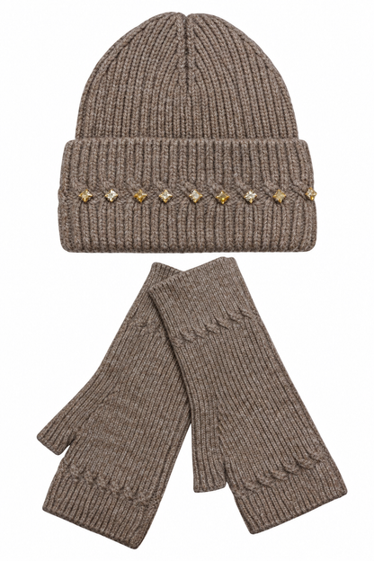A brown ribbed knit beanie with a folded cuff decorated with small gold and white rhinestone star embellishments, shown with matching fingerless knit gloves on a white background.